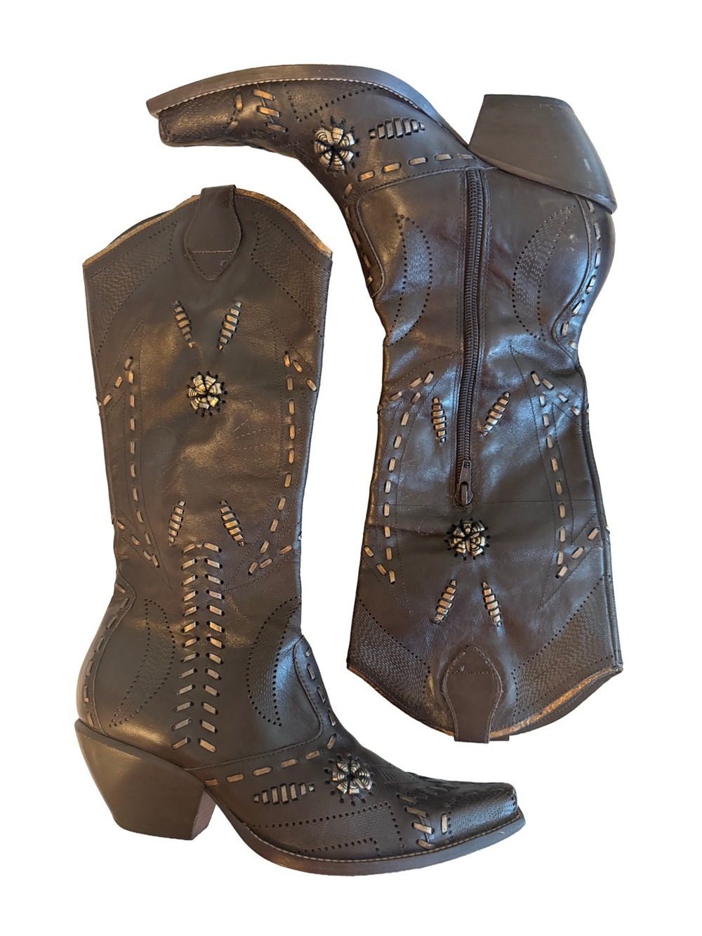Vtg Y2K BCBGirls Brown Leather Cowboy Boots 36 6B Snip Toe Studded Western